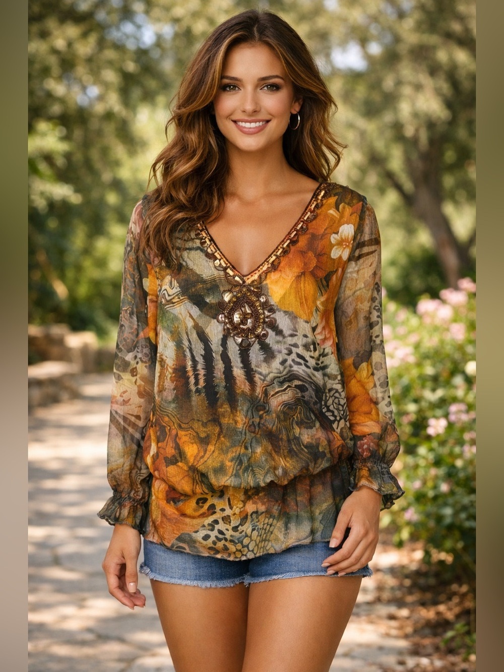 Mushka by Sienna Rose Top Sz M Fairy Babydoll Flowy Sheer Beaded Tunic Cinch Wai